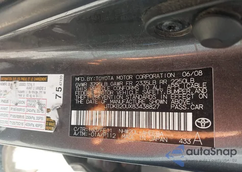 2008 Toyota Prius from USA, damaged, VIN JTDKB20UX83438827